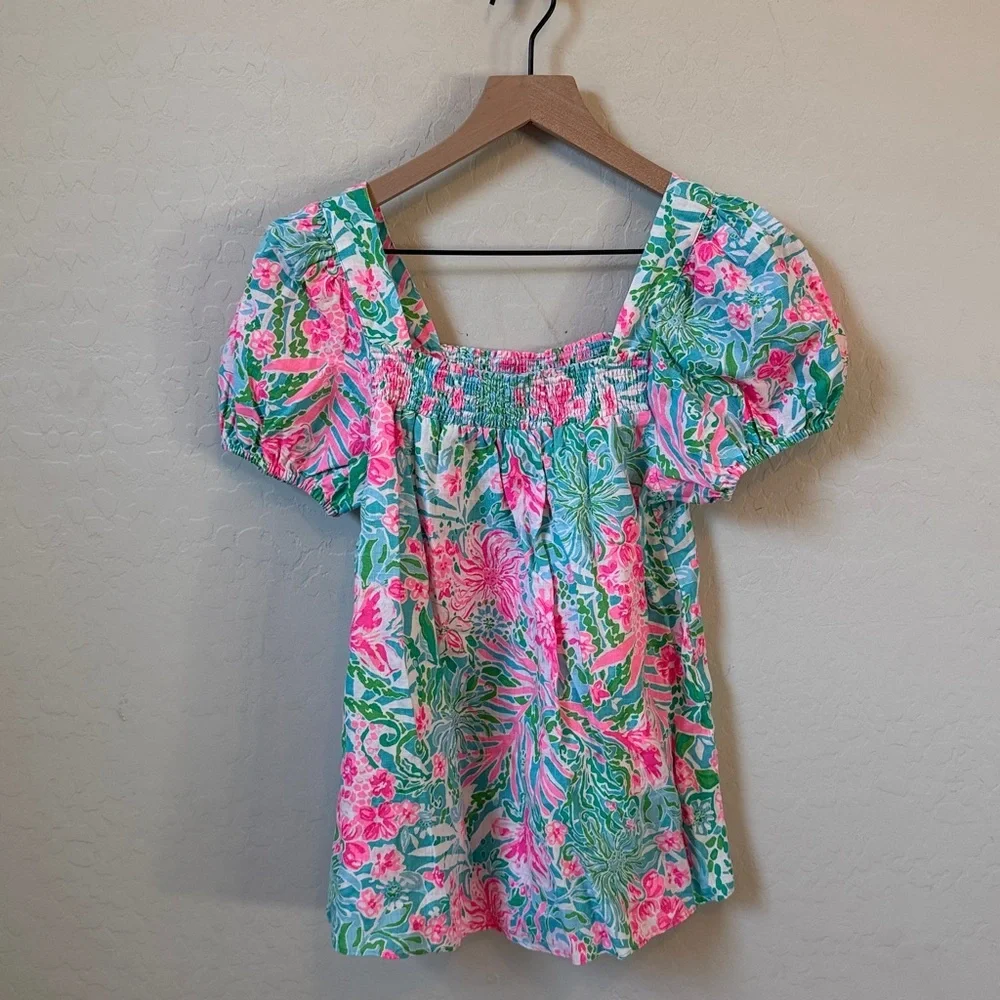Lily Pulitzer 100% Linen Keating Puff Sleeve Floral Blouse in Amalfi Blue Size 4